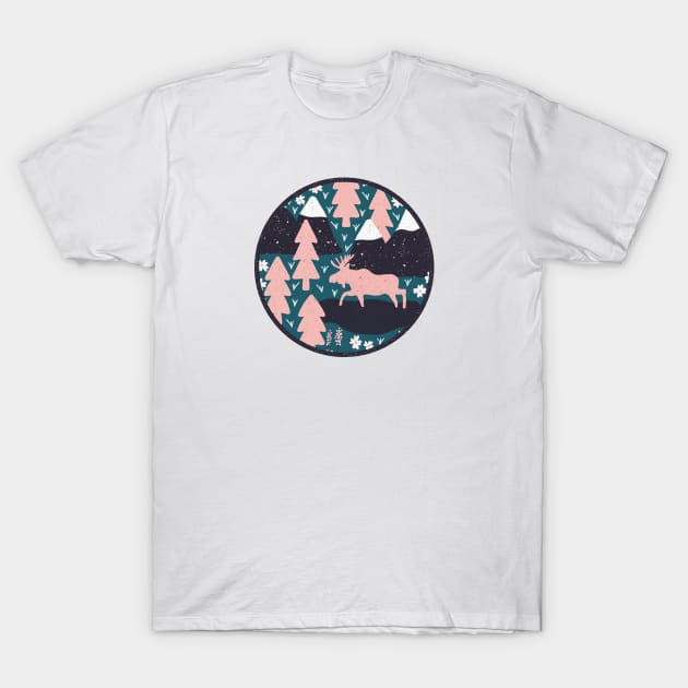 Mountain Moose (Salmon & Denim) T-Shirt by Cascade Patterns